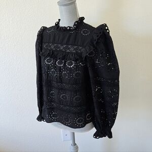 Stellah Blouse Eyelet Trimmed High Neck Long Sleeve Black Cotton Medium Fairy